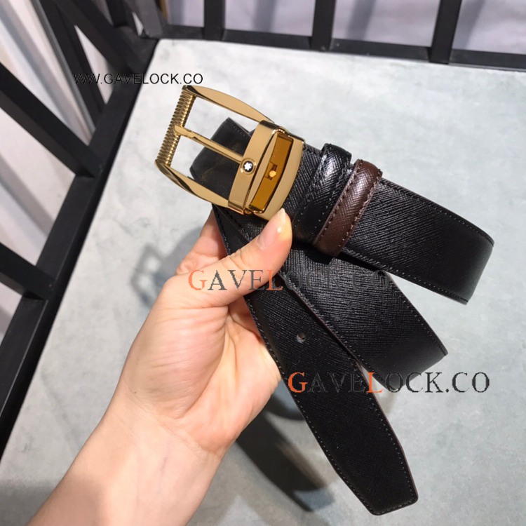 Clone Mont blanc Reversible Leather Belt Gold Buckle For Men 35mm